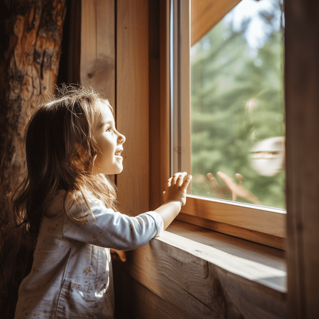 Bambina affacciata a una finestra in legno